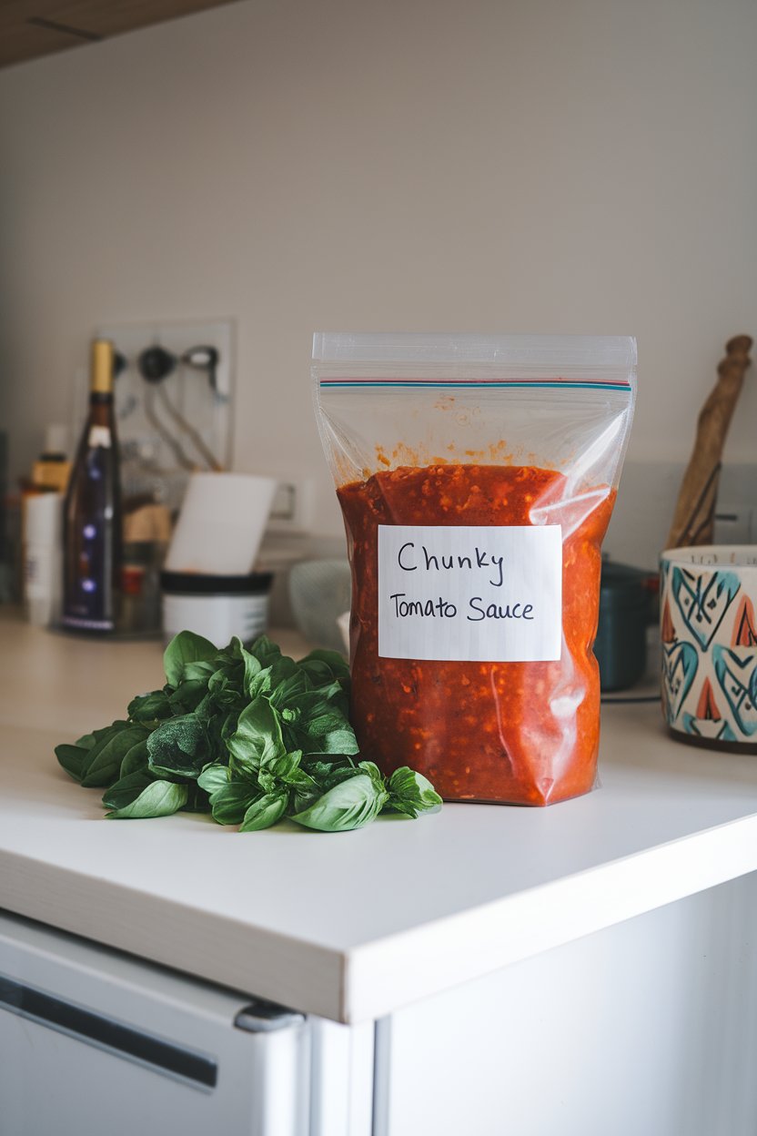 Indoor counter featuring freezer bags of chunky tomato sauce labeled with date, fresh basil leaves nearby. No text or logos.