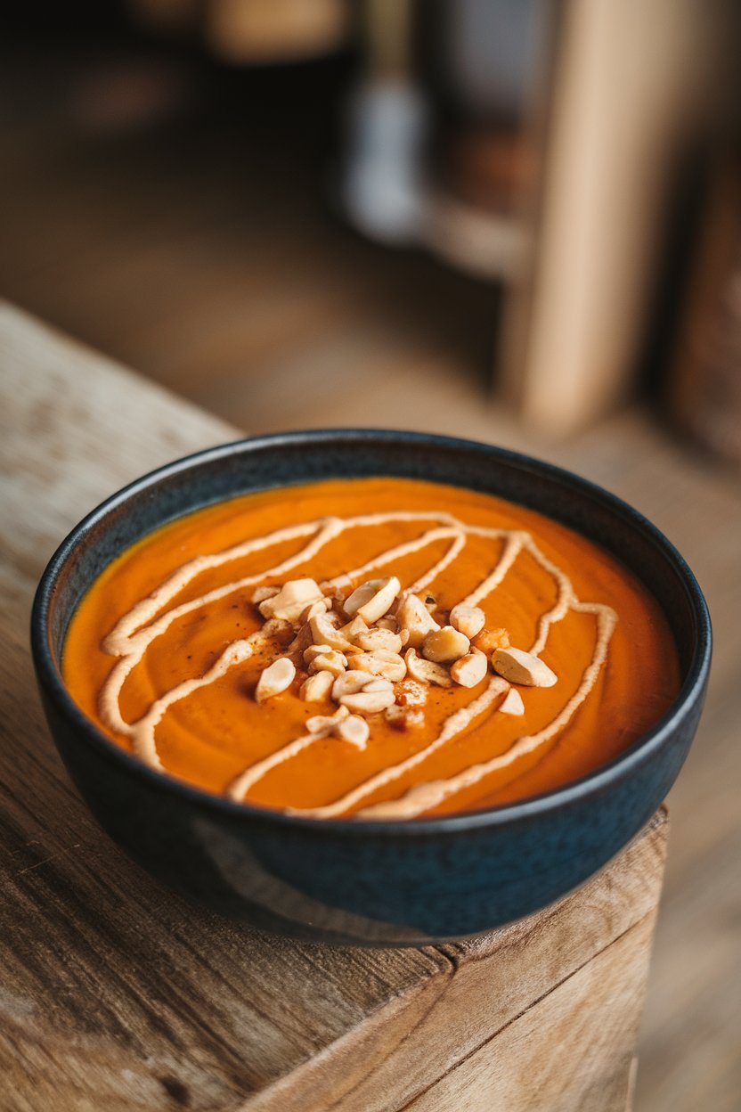 Indoor bowl of orange sweet potato soup drizzled with creamy peanut butter and sprinkled with chopped peanuts. No text or logos. Photo.