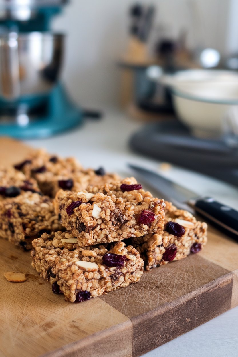 Indoor cutting board with granola-style bars showing quinoa, dried cranberries, and almond pieces, no text or branding.