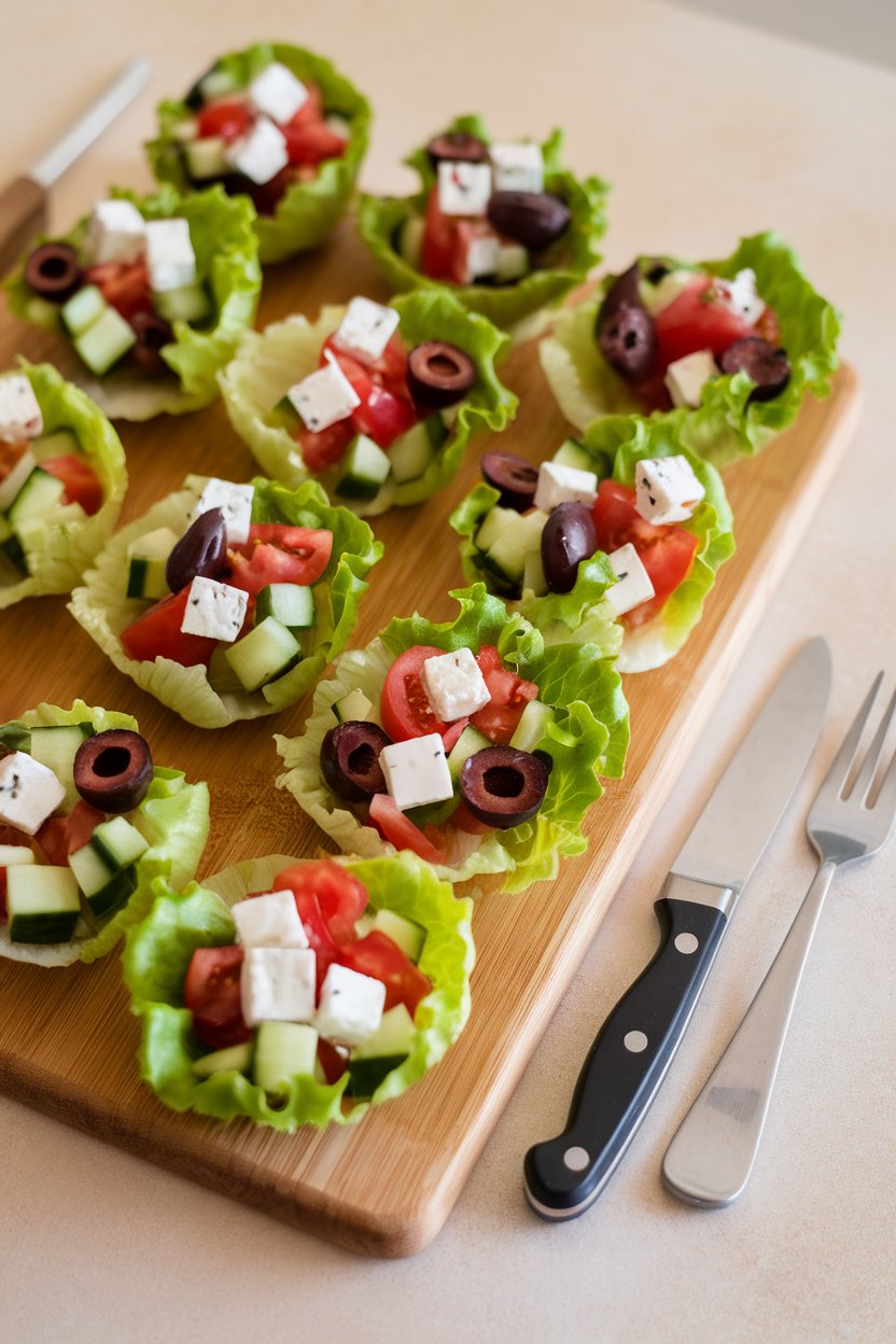 Indoor photo of small lettuce cups filled with chopped cucumber, tomato, feta, and olives, no text or logos.