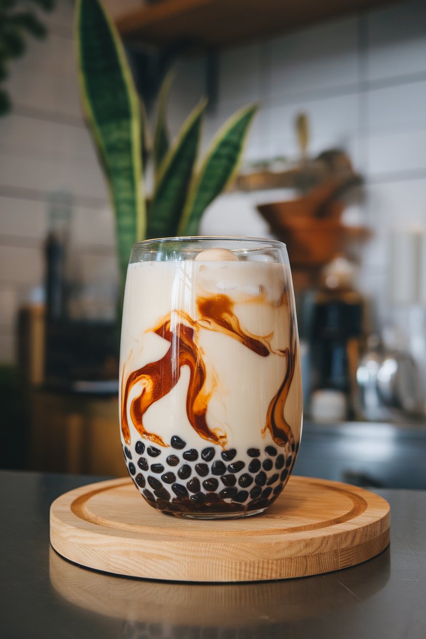 Indoor counter shot of large glass with chewy tapioca pearls, swirling brown sugar syrup, milk cascading, no logos.
