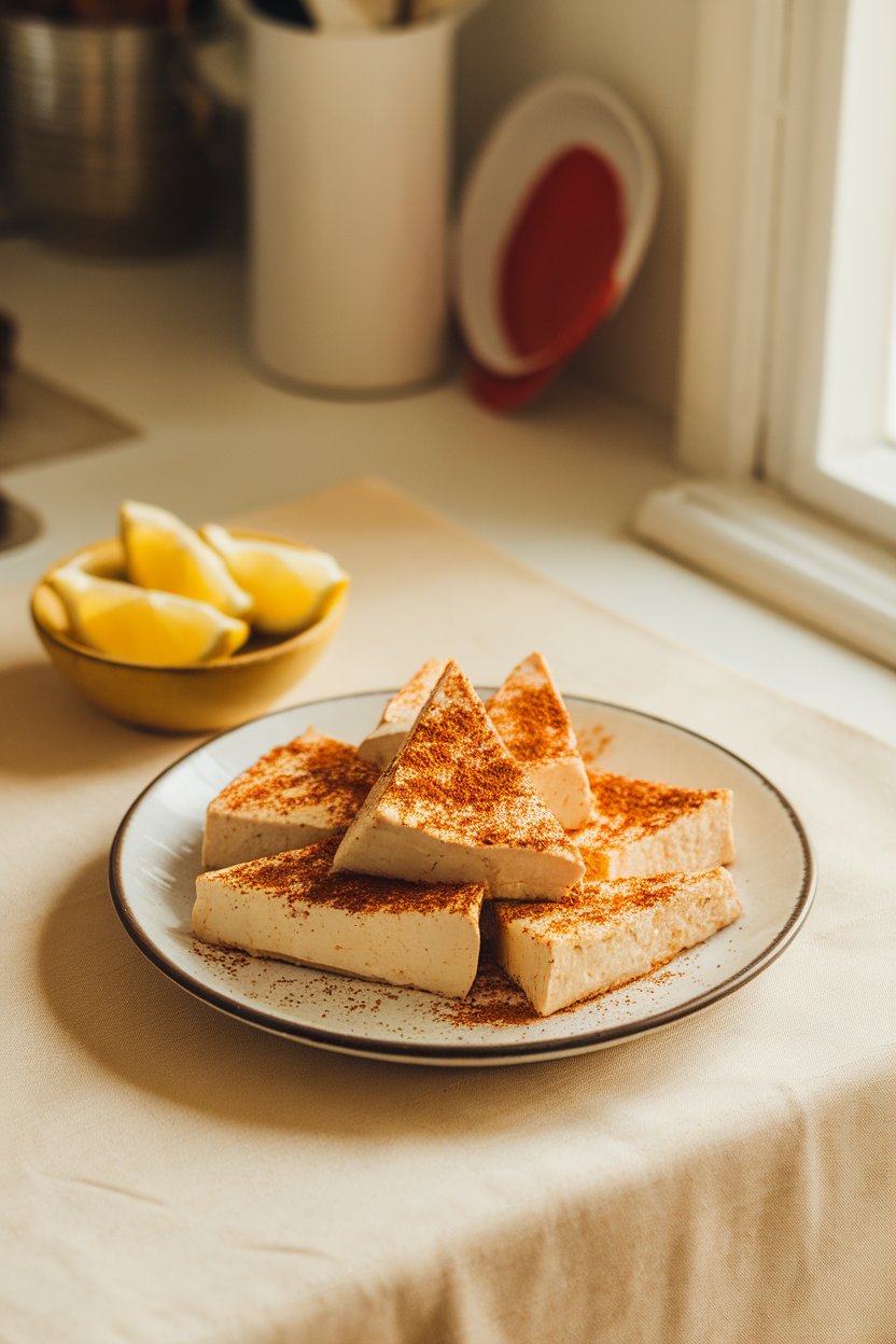 Photo prompt: Indoor kitchen table with tofu triangles dusted in za’atar spice, lemon wedges nearby. No text or logos.