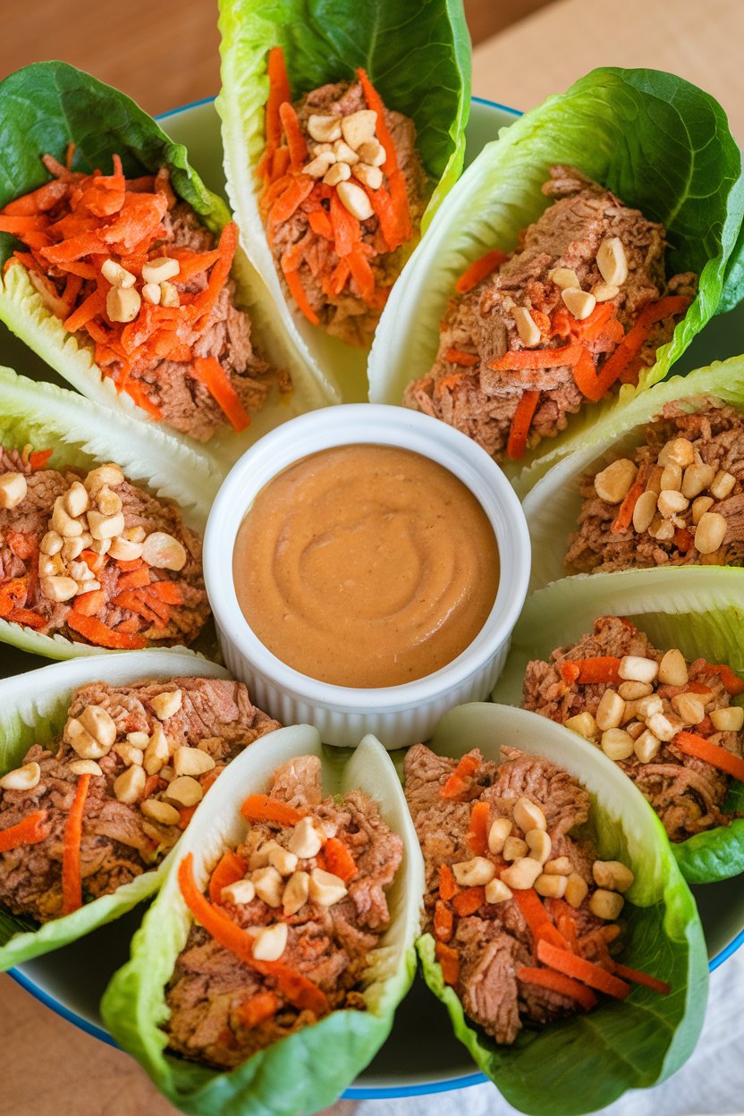 Indoor photo of romaine leaves filled with ground chicken, shredded carrots, and chopped peanuts, a ramekin of peanut sauce in the center. No text or logos.