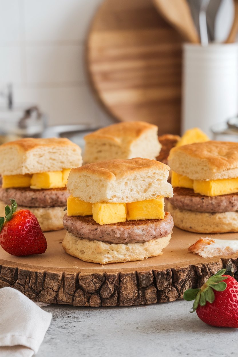 Indoor serving board with flaky biscuit halves sandwiching turkey sausage patties and egg squares, no logos.