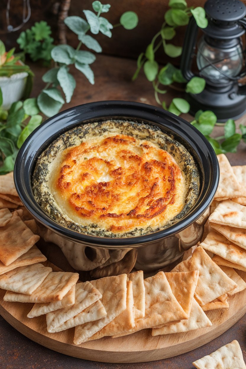 An indoor party spread featuring a crock of warm spinach-artichoke dip, cheese bubbling on top, surrounded by pita chips. No logos or text. Photo only.