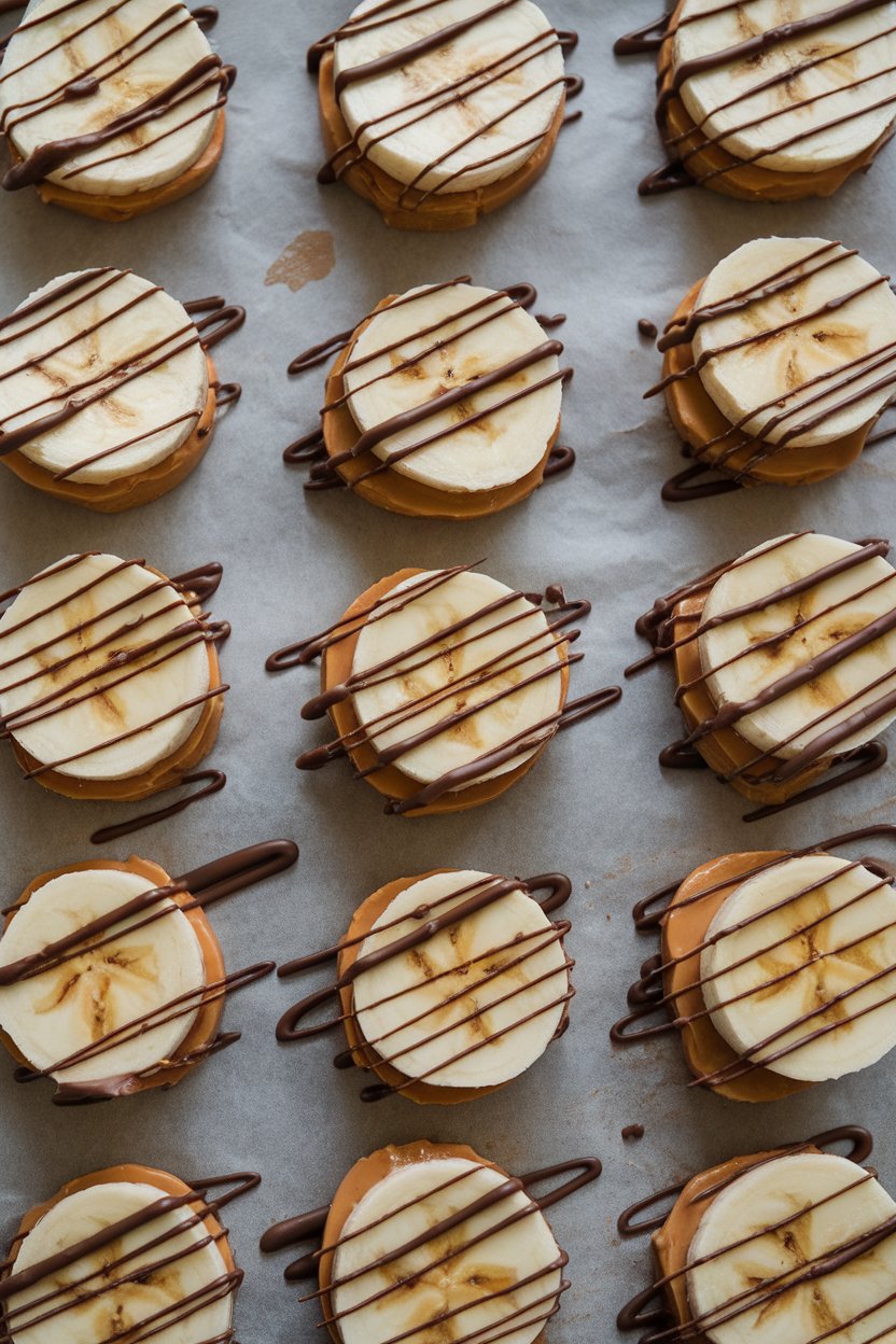 Indoor photo of banana slices sandwiched with peanut butter, arranged on parchment, topped with a fine drizzle of melted dark chocolate. No text or logos.