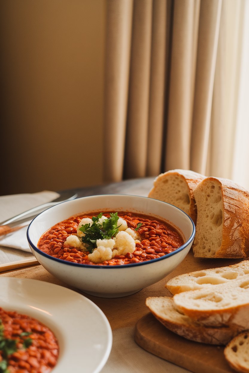 An indoor dining table with a bowl of red lentil and cauliflower chili, garnished with parsley. No text or logos.