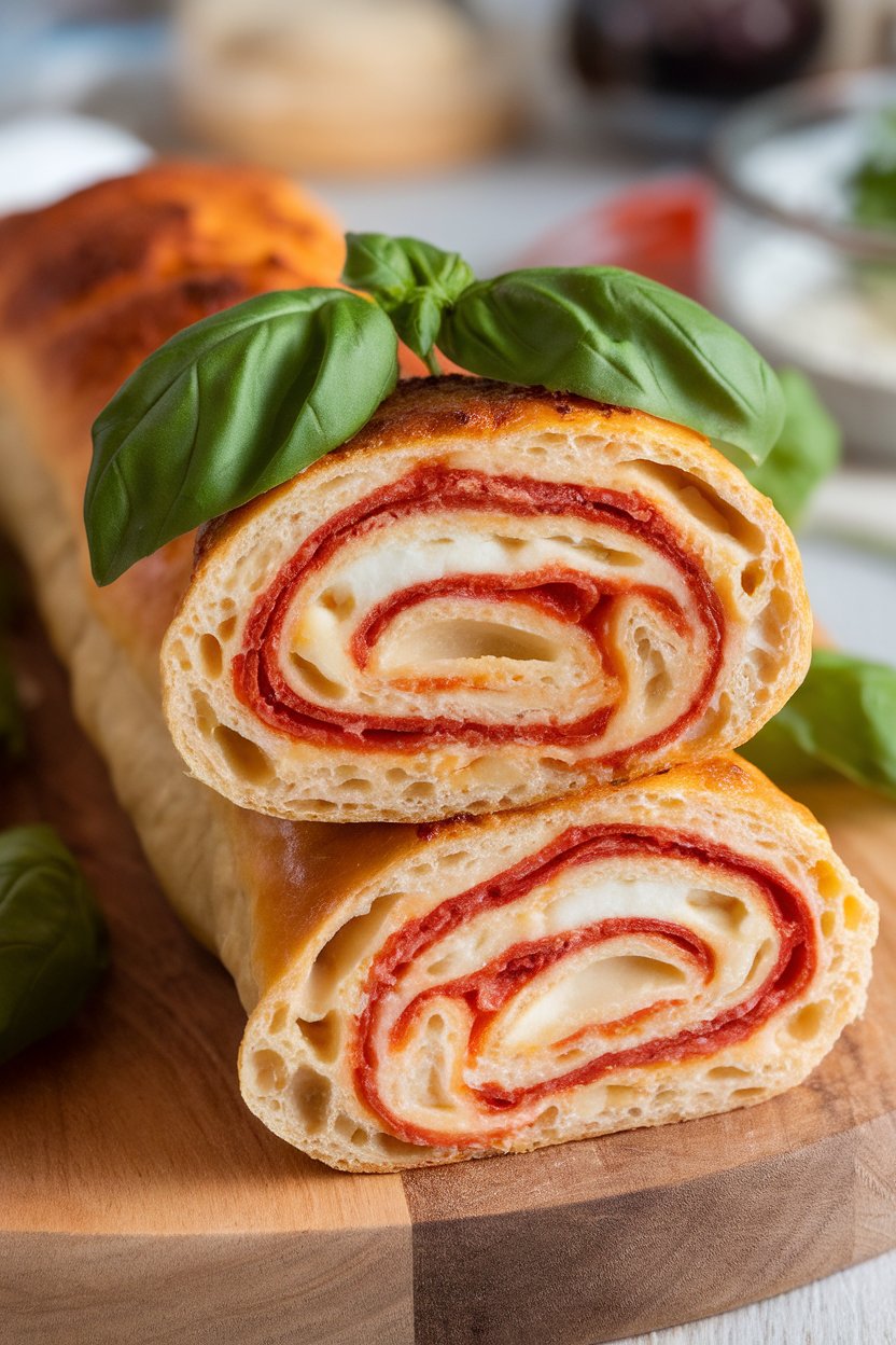 Indoor photo of sliced stromboli showing swirls of mozzarella, provolone, and Parmesan with pepperoni inside flaky dough; no text or logos.
