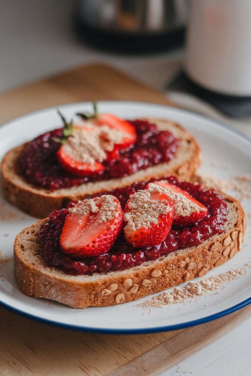 An indoor plate displaying whole-grain toast smeared with vibrant strawberry chia jam and sprinkled with unflavored protein powder. No text or logos present. Photo, not illustration.