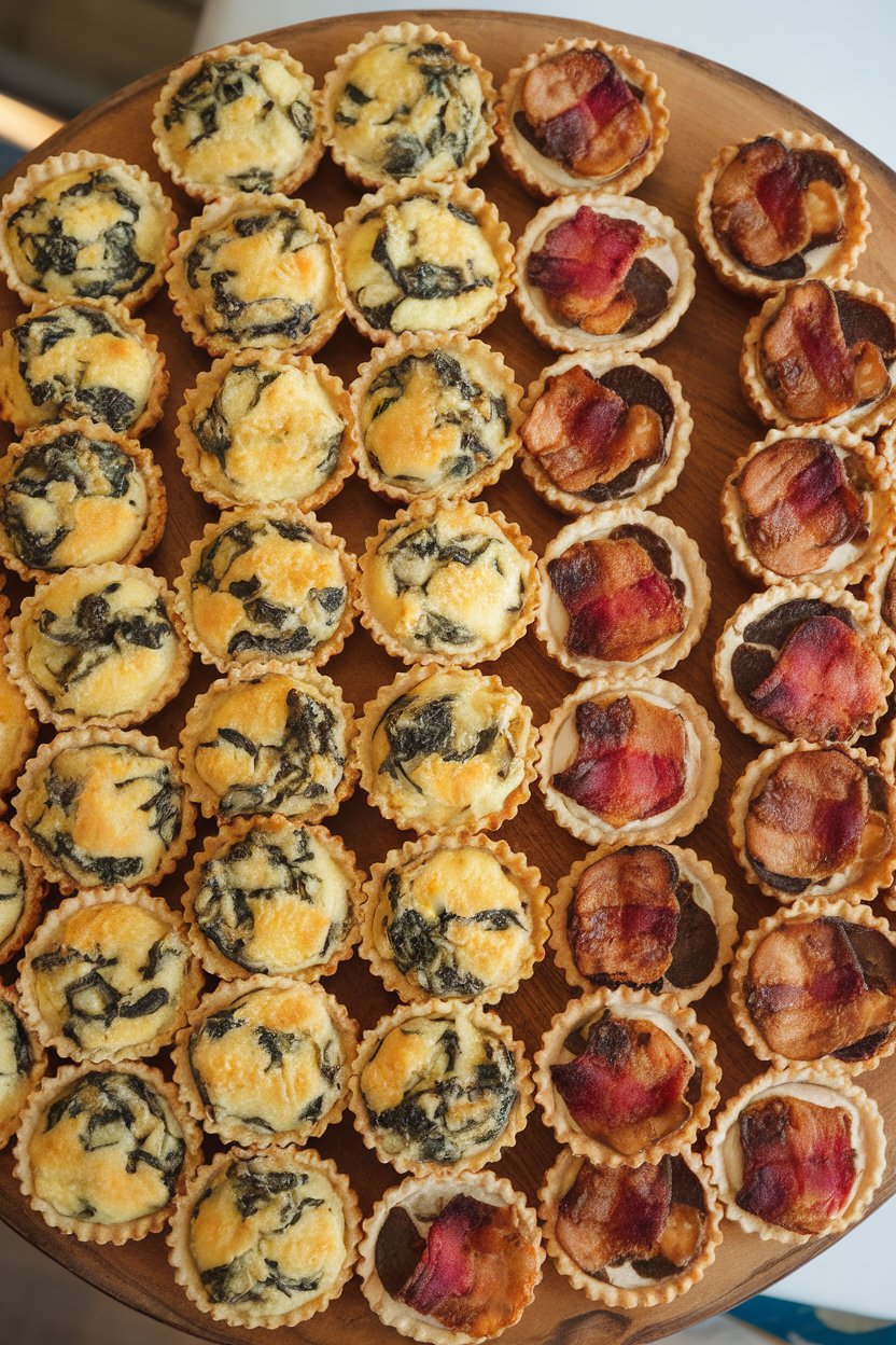 An indoor platter of assorted bite-size quiches—spinach, bacon, and mushroom—arranged neatly in rows—no text or logos. Photo, not illustration.