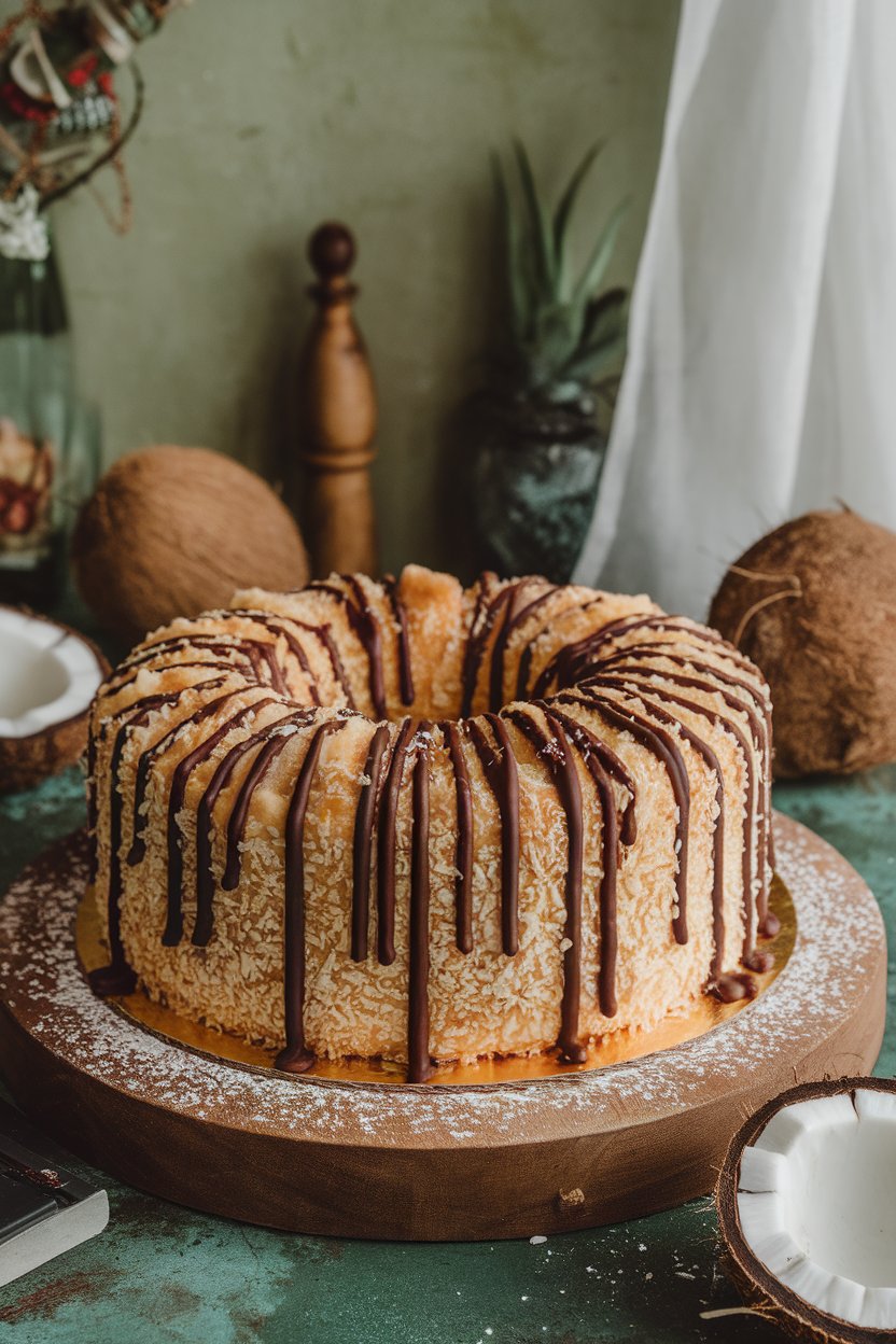Indoor photo of a coconut-topped king cake with chocolate drizzle, nodding to Zulu parade coconuts; no text or logos.
