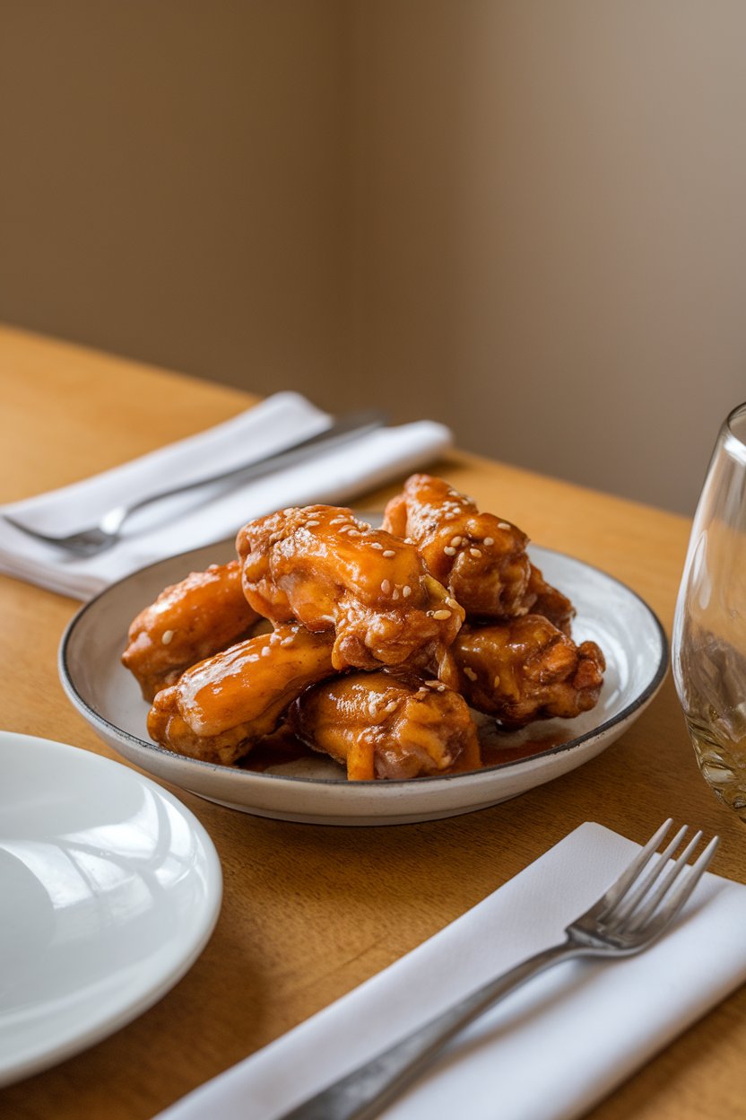 An indoor dining table with glazed honey-garlic chicken wings shimmering under soft light, garnished with sesame seeds, no text or logos. Photo only.