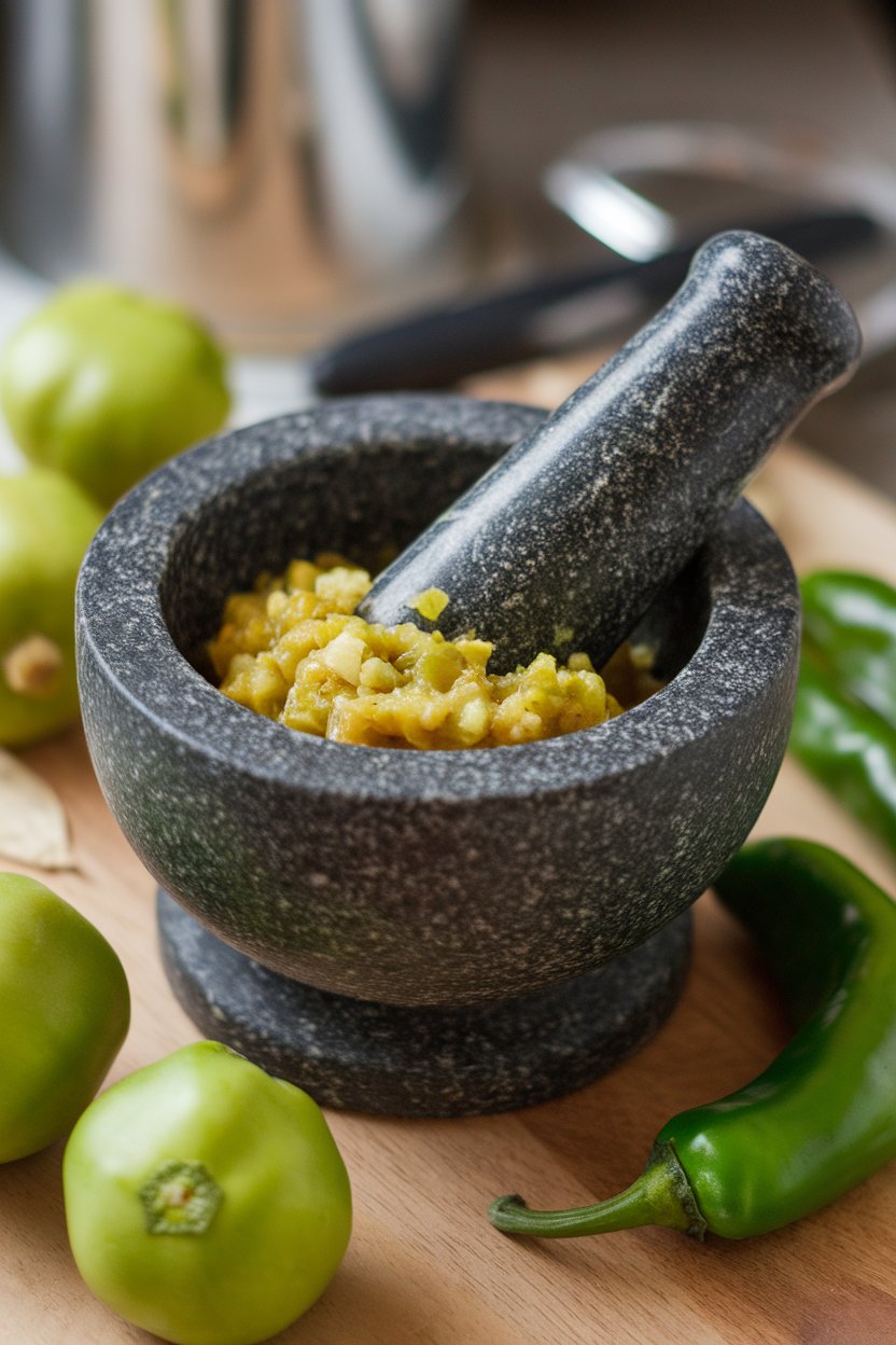Indoor countertop shot of a mortar filled with chunky tomatillo salsa verde, husked tomatillos and serrano peppers around it. No branding, no text.