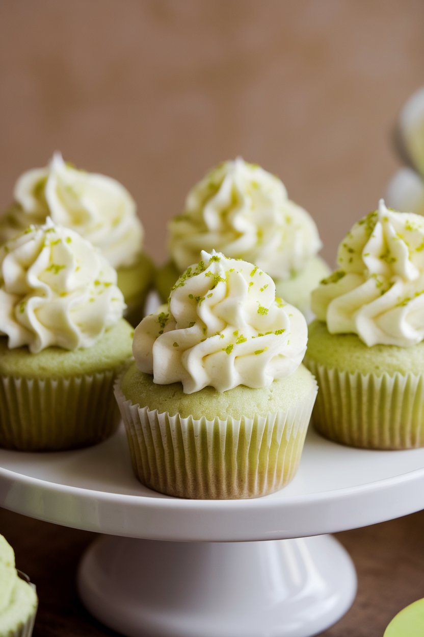 Indoor photo of light green cupcakes topped with piped whipped cream and lime zest sprinkle, no text or logos