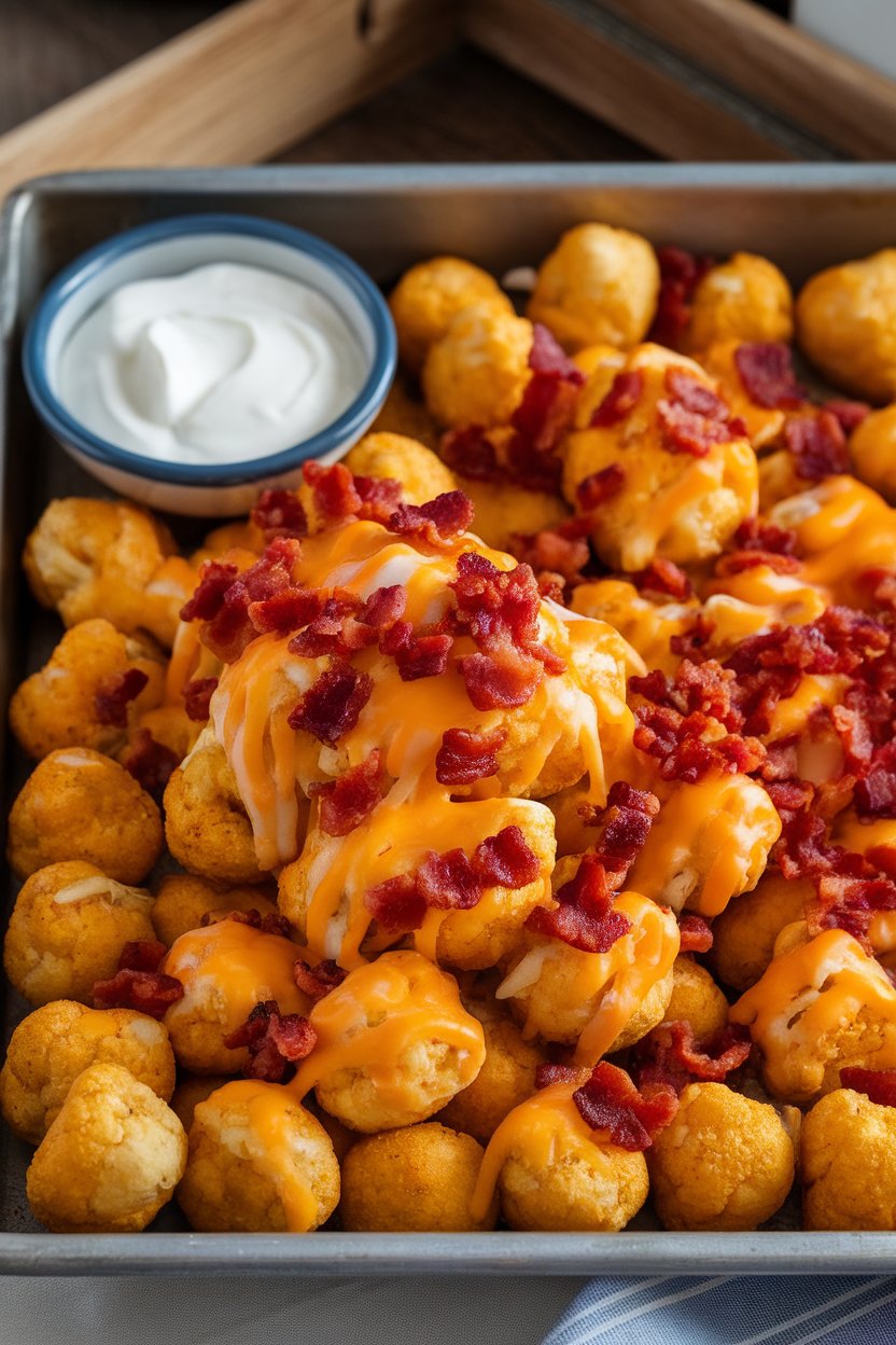 An indoor appetizer tray with golden cauliflower tots topped with melted cheddar and bacon crumbles; small bowl of sour cream alongside, no logos.