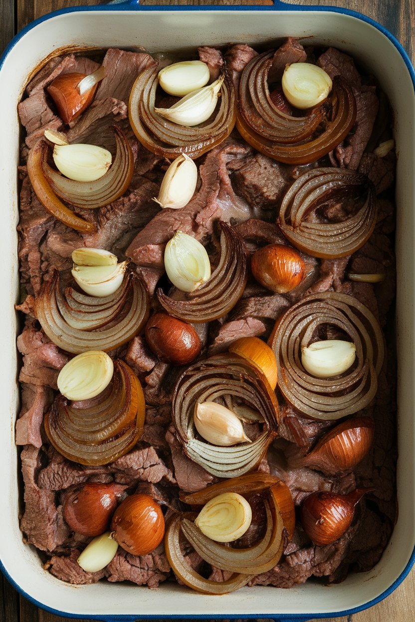 Indoor casserole of beef topped with caramelized sweet onions and garlic cloves. No logos or text.