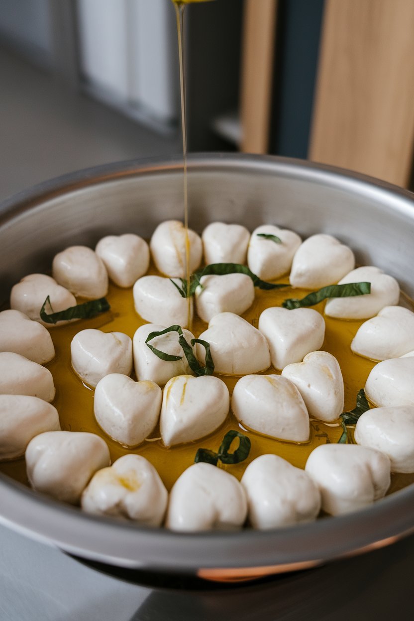 Small mozzarella pieces pressed into heart molds, sitting in an indoor dish with a drizzle of olive oil and basil ribbons. Photo, no text or logos.