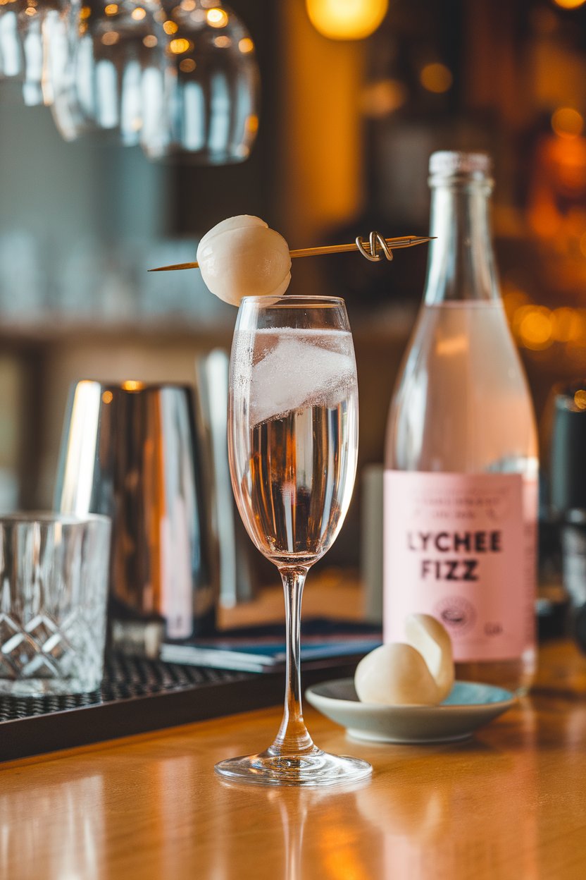 An indoor bar with flute glass of clear-pink lychee fizz, peeled lychee skewered on pick; photo, not illustration; no text or logos.