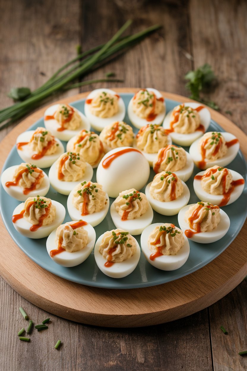 An indoor platter of deviled eggs topped with a drizzle of sriracha and sprinkle of chives, photographed overhead—no text or logos. Photo, not illustration.