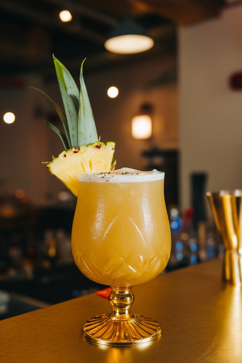 An indoor party bar with punch glass of golden drink, cracked black pepper on pineapple wedge garnish; photo, not illustration; no text or logos.