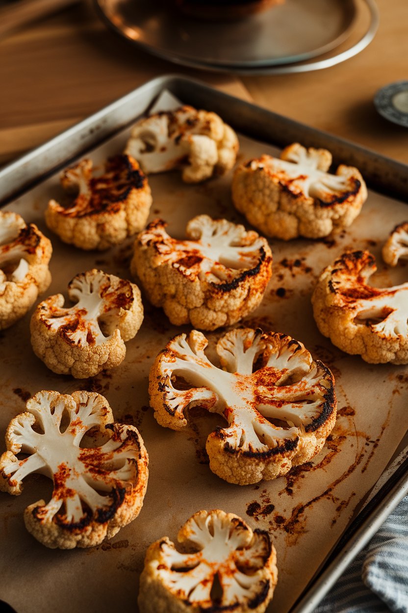 Indoor photo of thick cauliflower slabs coated in red harissa paste, charred edges visible on a baking sheet, no text or logos