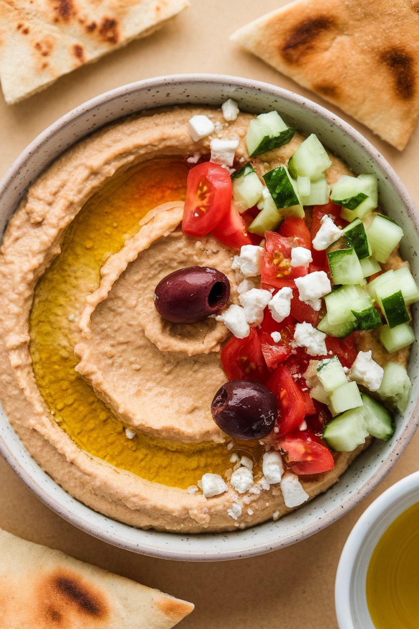 Indoor photo of a shallow bowl of hummus topped with olive oil, chopped cucumbers, tomatoes, olives, and feta, pita triangles nearby; no text or logos.