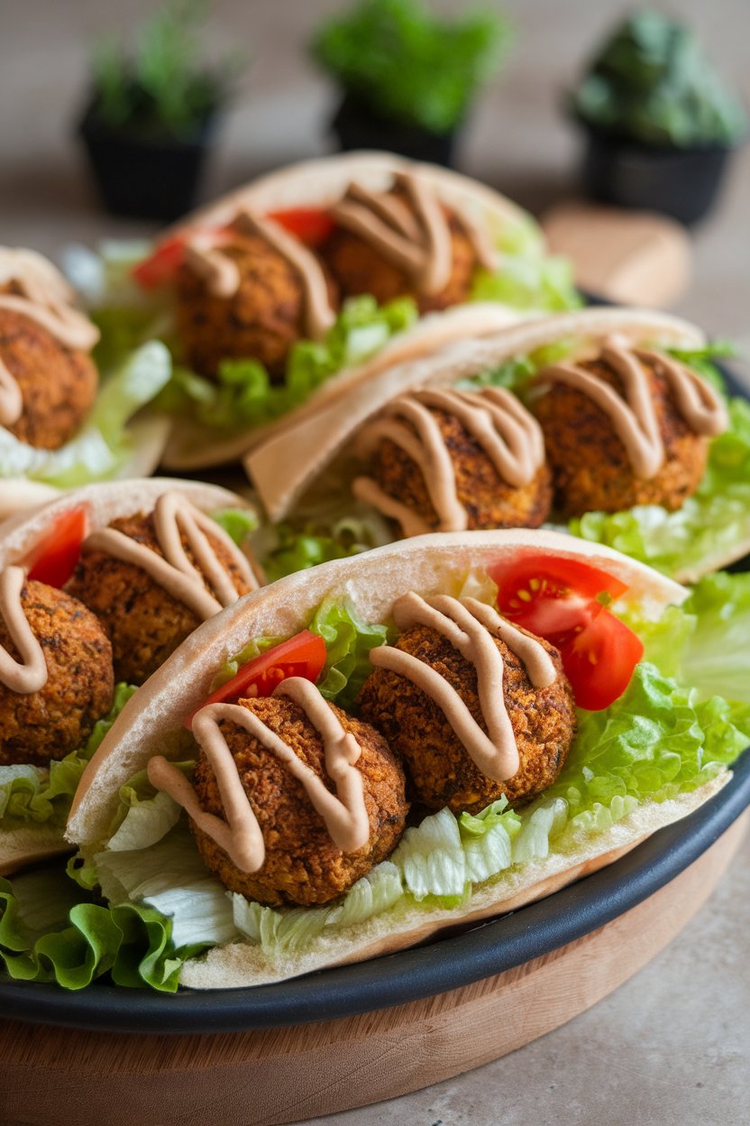 An indoor platter holding open pita halves stuffed with crispy falafel balls, lettuce, tomatoes, and drizzled tahini. No logos or text. Photo.