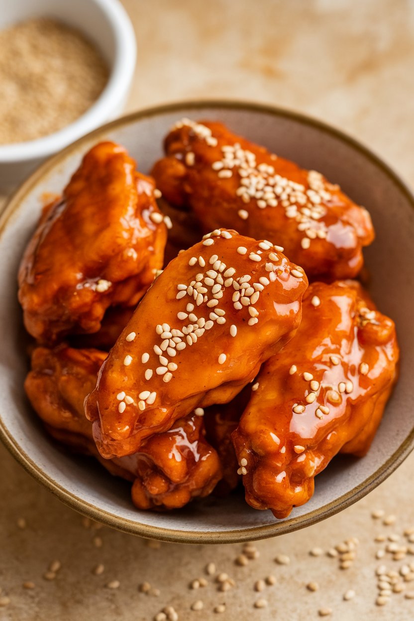 Indoor photo of glossy honey sriracha chicken wings piled in a bowl with sesame seeds sprinkled on top. No text or logos.