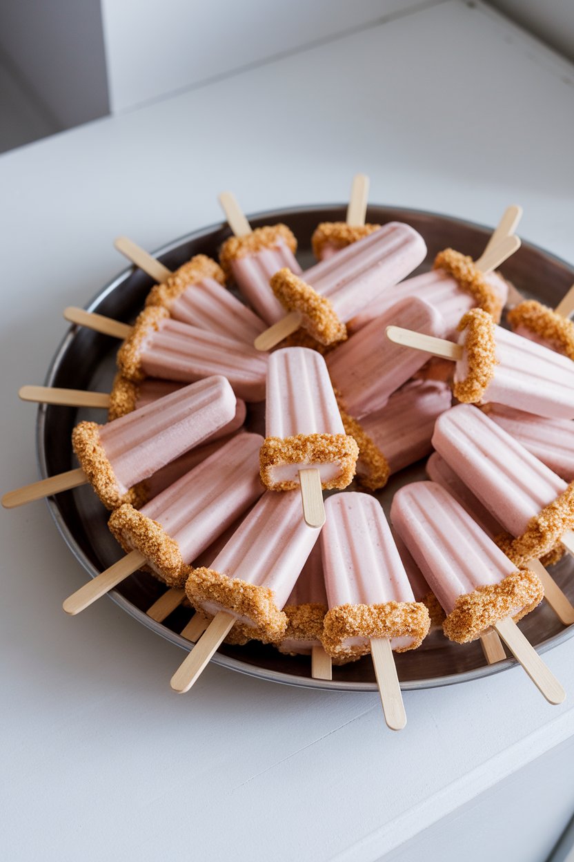 Indoor tray with creamy pink popsicles, graham crumb coating on tips. No text or logos; photo only.
