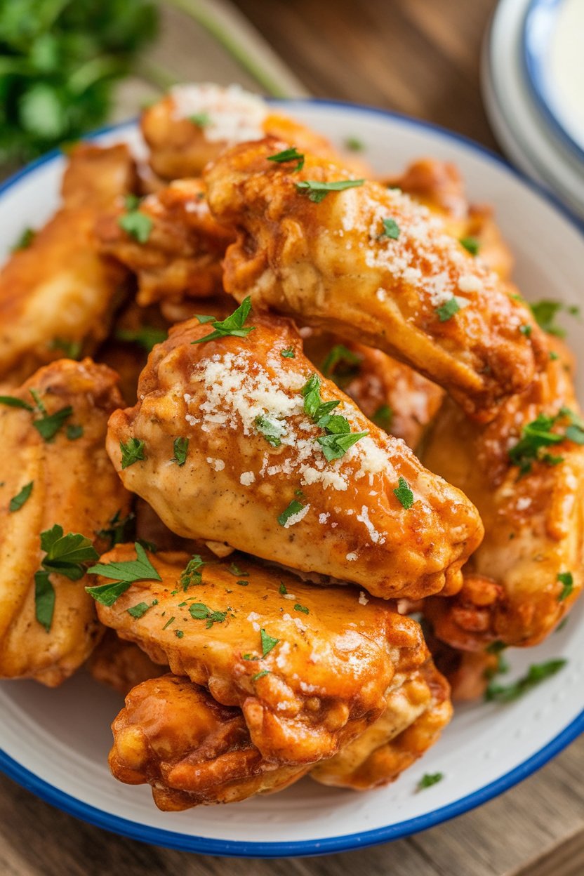 An indoor platter of golden wings coated in roasted garlic butter and grated Parmesan, parsley sprinkled on top—no text or logos. Photo, not illustration.