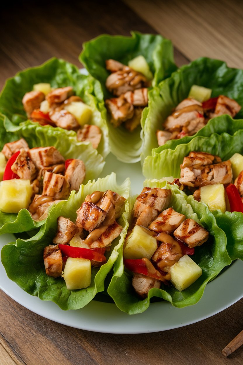 An indoor platter of lettuce leaves filled with diced grilled chicken, pineapple chunks, and red bell pepper. Soft eclectic lighting; no logos or text.