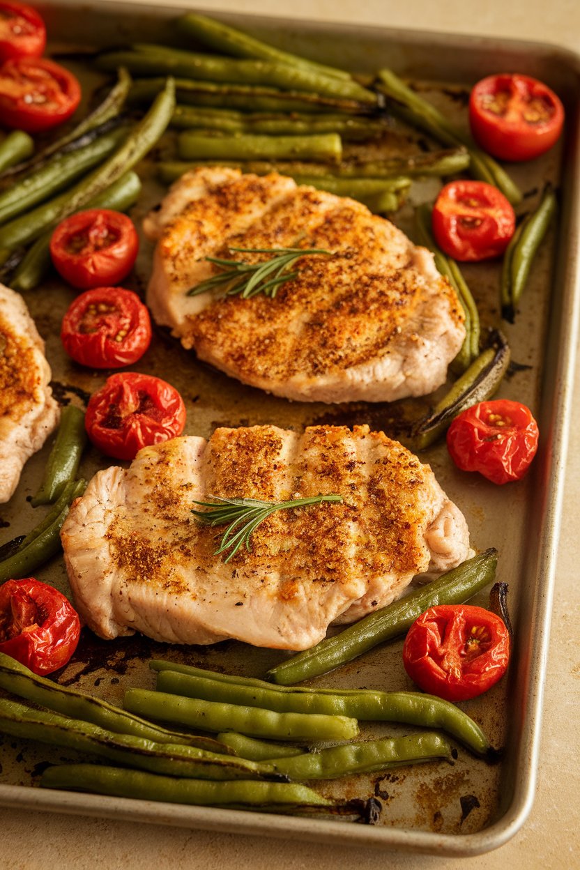 Indoor photo of turkey breast cutlets coated in lemon pepper seasoning, roasted green beans, and cherry tomatoes on a sheet pan; warm light, no logos