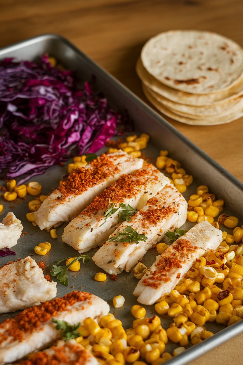 Indoor photo of seasoned white fish strips, roasted corn, and red cabbage on a sheet pan; small tortillas stacked nearby. No text or logos.