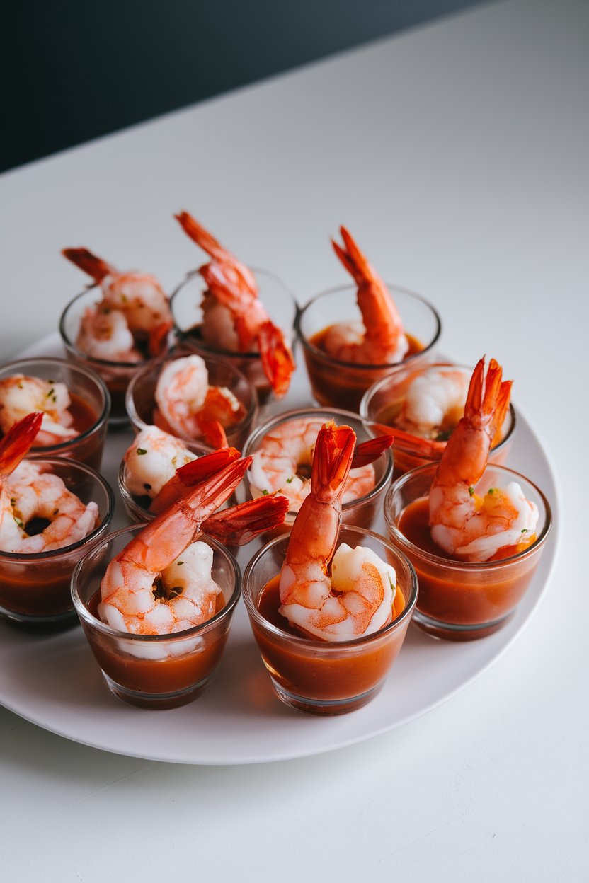 Indoor shot of small glass cups holding cooked Cajun-seasoned shrimp over cocktail sauce, no text or logos