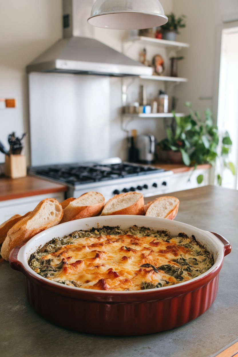 A ceramic baking dish on an indoor kitchen island filled with bubbling spinach artichoke dip, cheese browned on top, toasted baguette slices alongside. No logos or text.