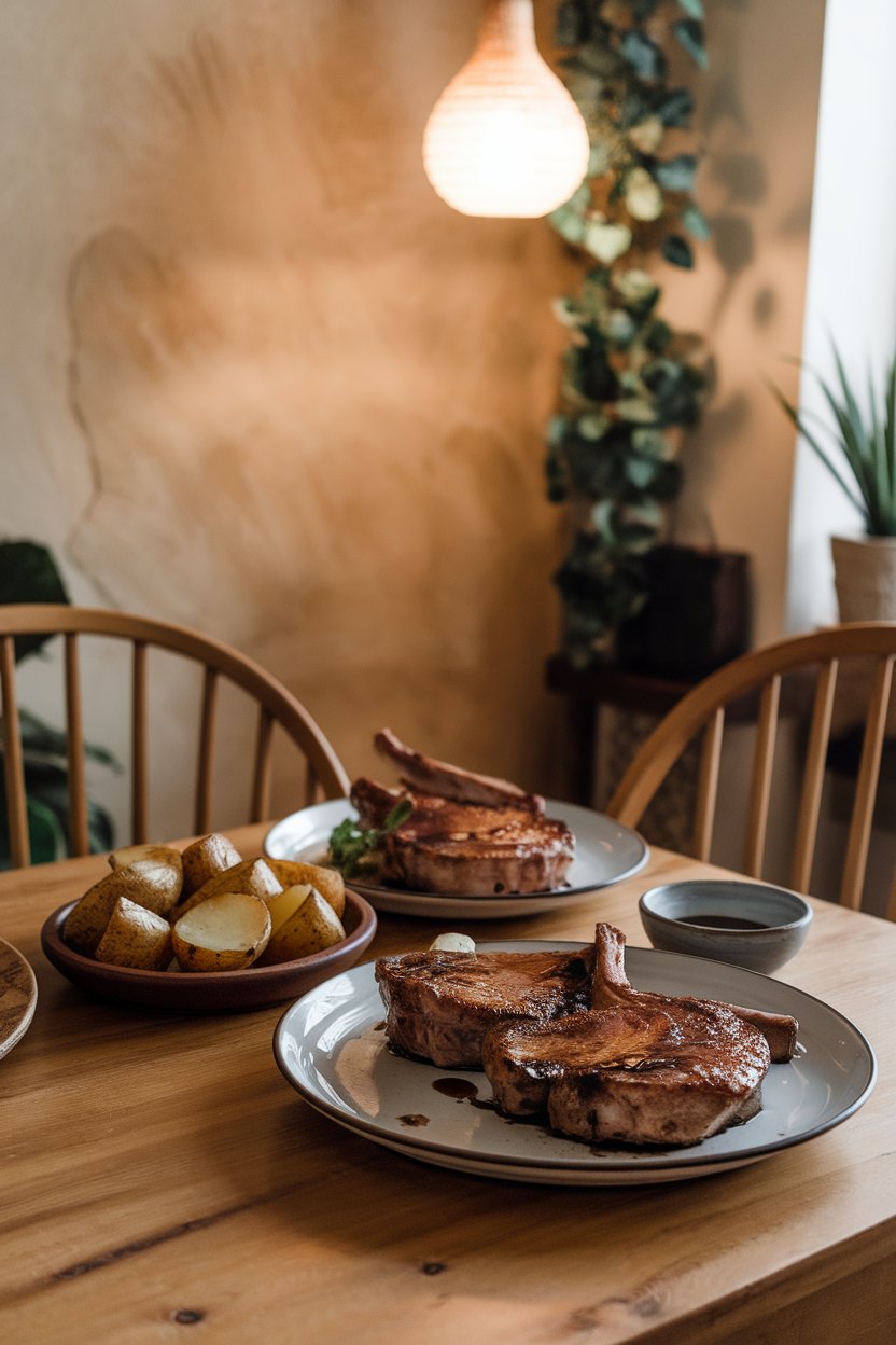 Warm dining nook displaying pork chops glazed in dark balsamic reduction, roasted potatoes beside, no text or logos.