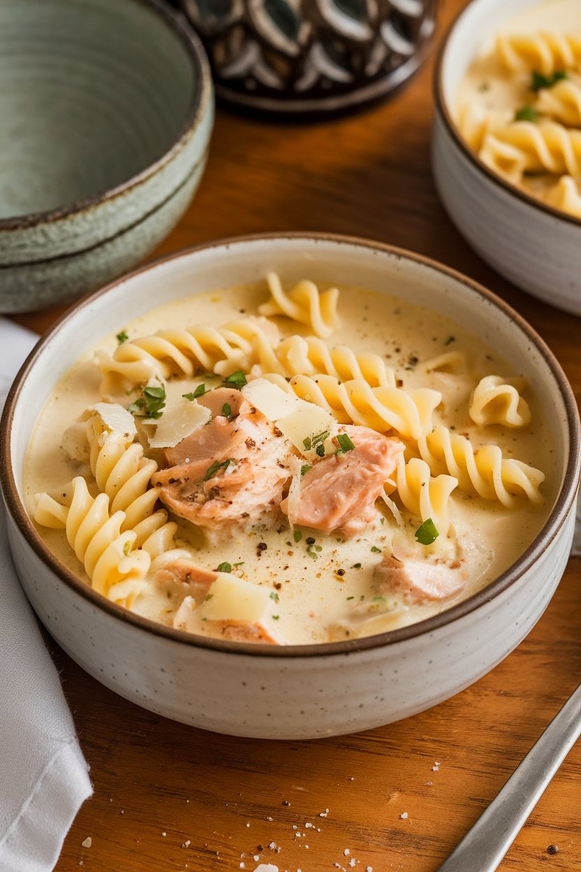 Indoor table featuring a creamy chicken alfredo soup—fusilli pasta, chicken chunks, and Parmesan scattered on top. No text or logos. Photo.