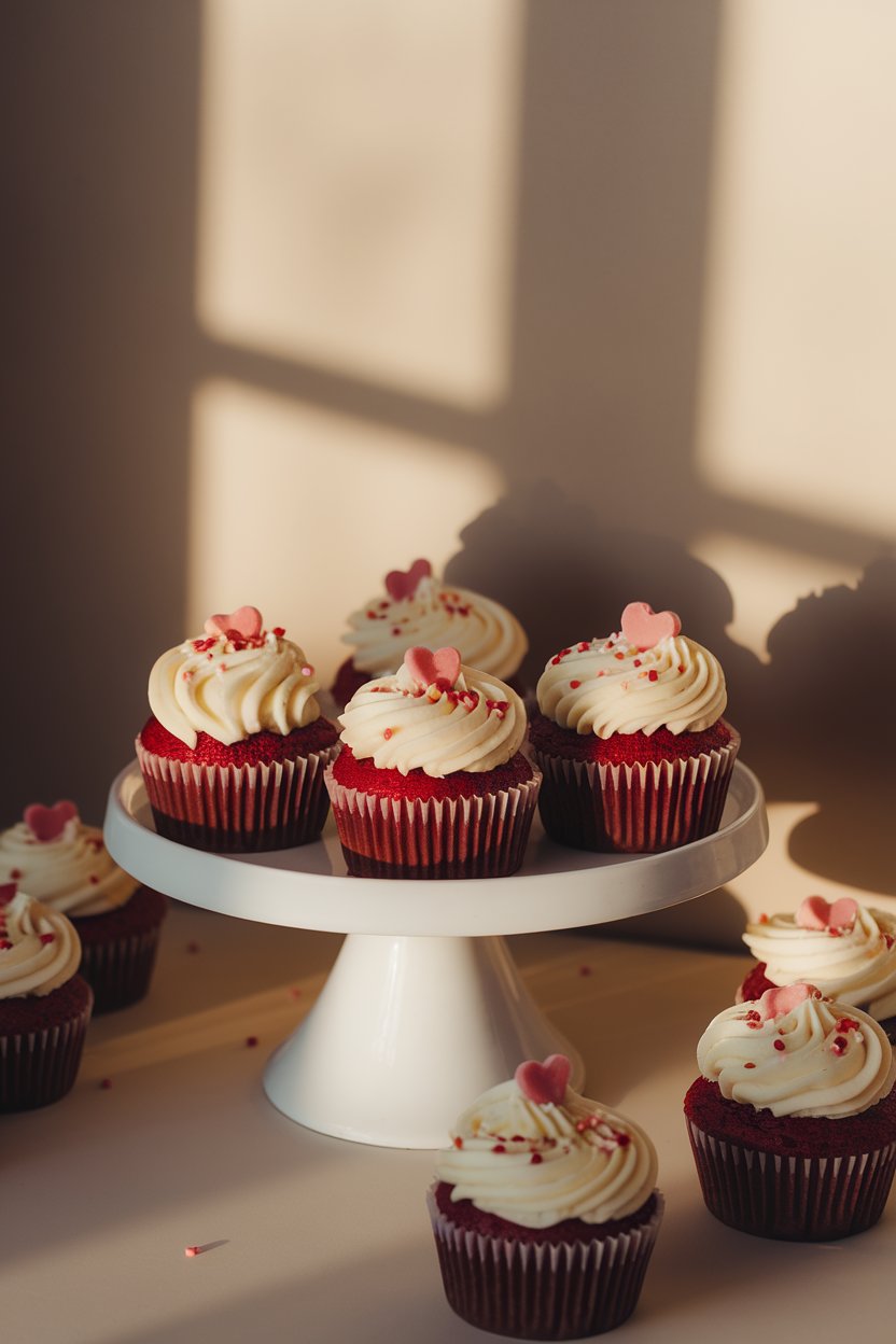 A softly lit indoor scene showing red velvet cupcakes on a white cake stand, each topped with piped cream cheese frosting and tiny heart sprinkles. Photo, no text or logos.