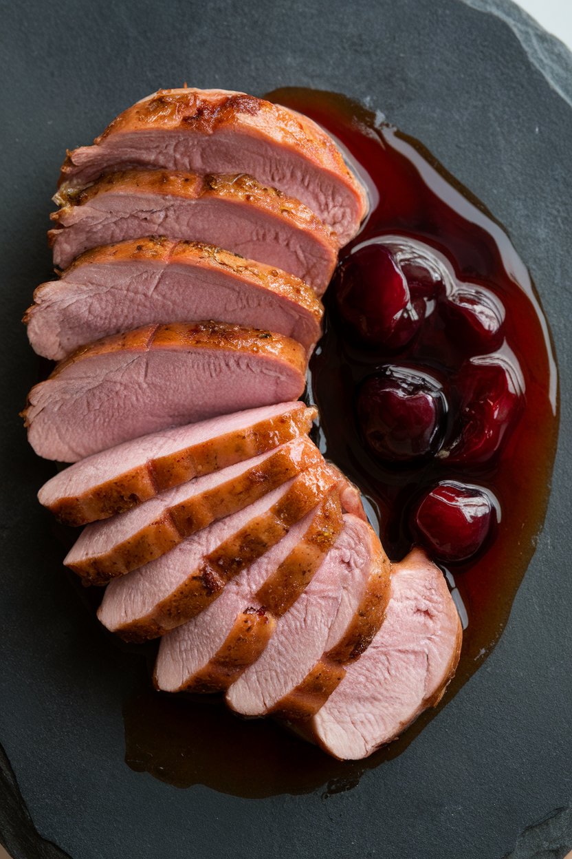 Indoor photo of sliced medium-rare duck breast fanned out beside a glossy cherry port reduction, served on a dark stone plate, no text or logos