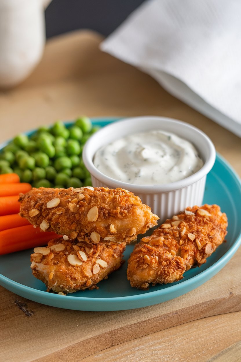 An indoor kid-friendly plate with baked almond-crusted chicken tenders and a small bowl of yogurt ranch dip; no text or logos. Photo only.