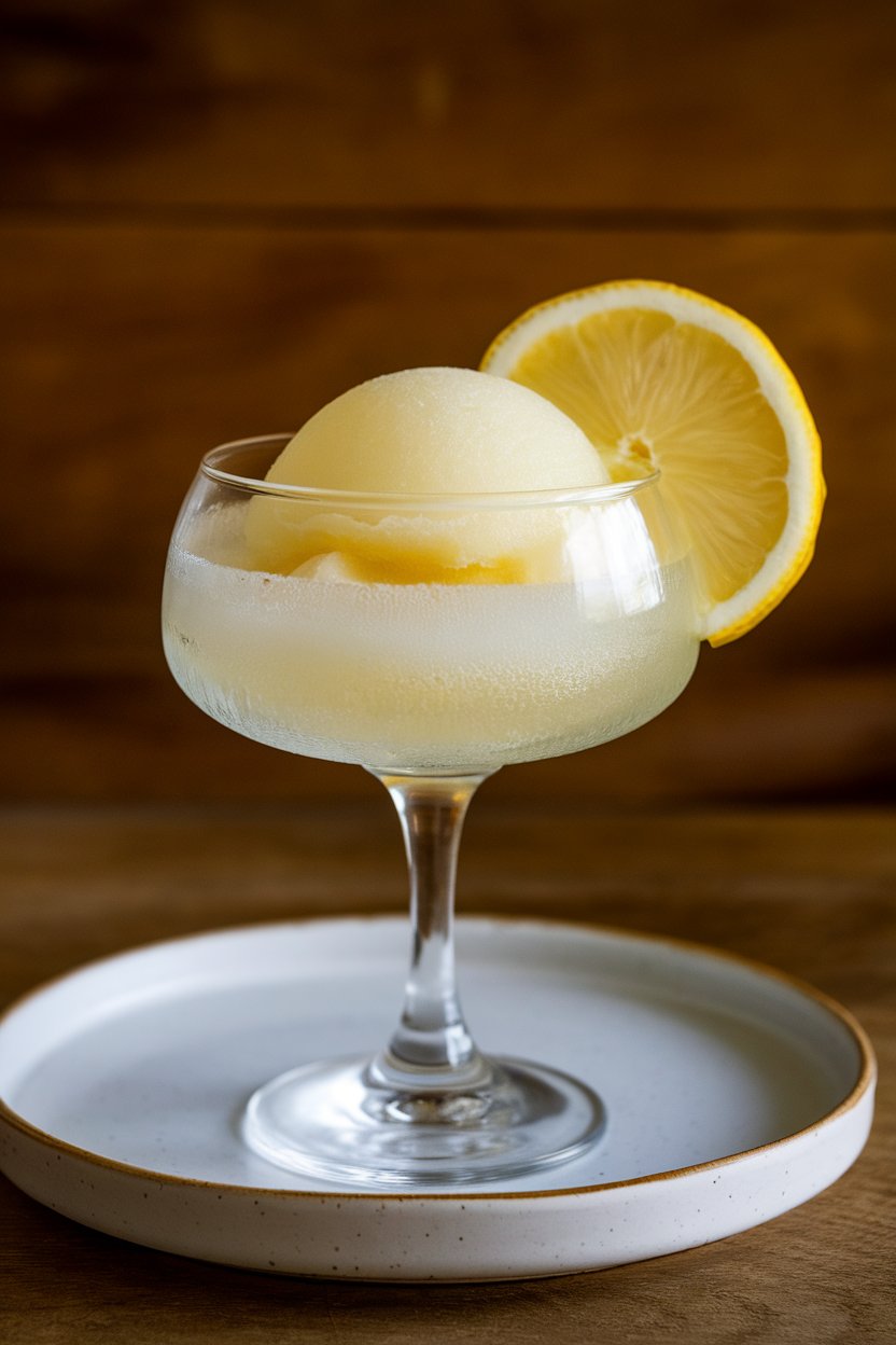 Indoor coupe glass with pale yellow sorbet garnished with a thin lemon slice. No logos or text; photo only.