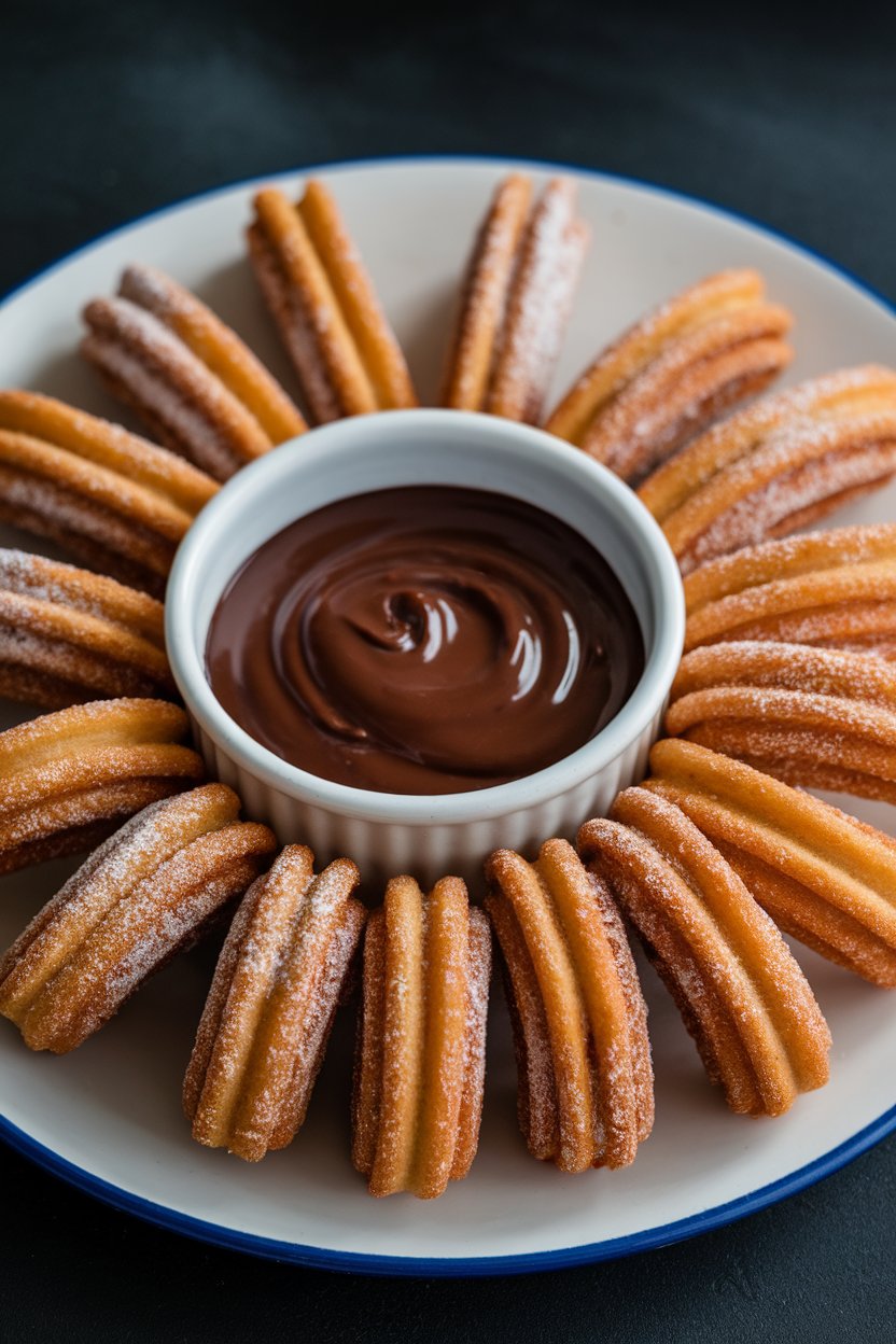 Photo prompt: Indoor plate of small baked churro bites coated in cinnamon sugar with chocolate dipping sauce. No logos or text. Photo, not illustration.