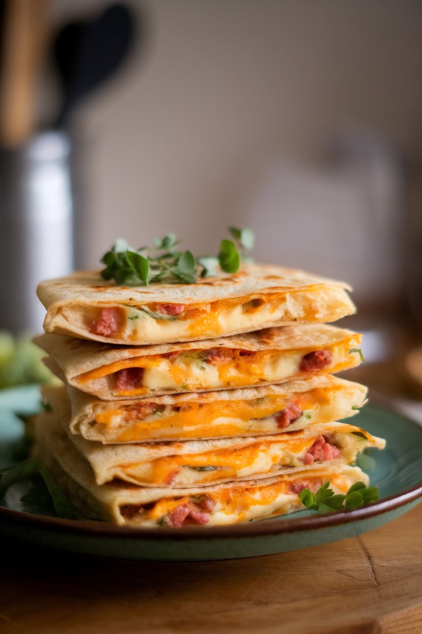 Indoor photo of quartered quesadillas stacked on a plate, cheese stretching between layers. No logos anywhere.