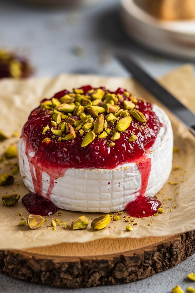 An indoor tabletop scene featuring a small wheel of brie topped with glossy raspberry jam and a sprinkle of crushed pistachios, served on parchment. Photo, no text or logos.