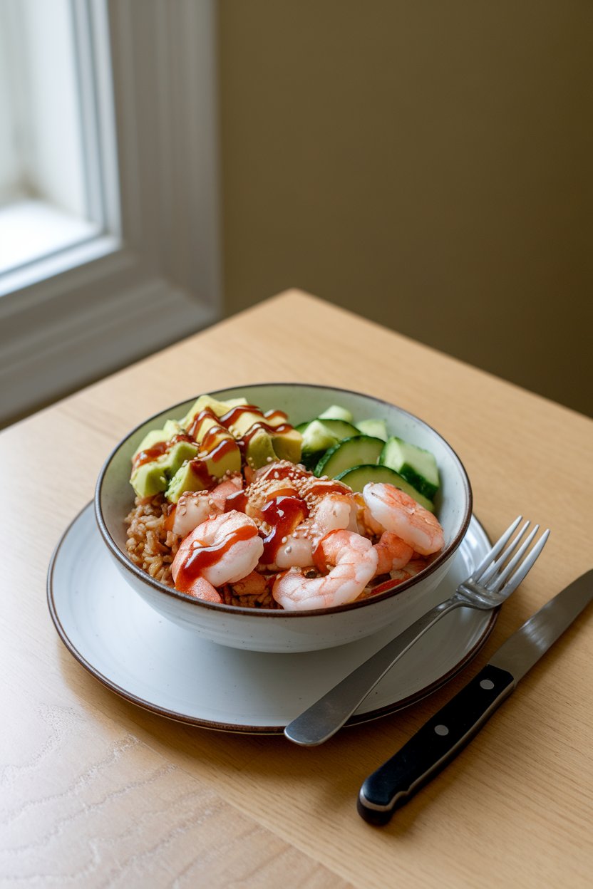 An indoor dining table showing a bowl of cooked shrimp, diced avocado, brown rice, cucumber, and sesame seeds drizzled with soy sauce; no text or logos. Photo only.