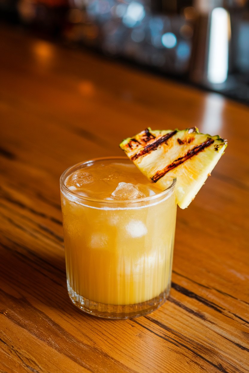 Indoor wooden bar top featuring a rocks glass of golden Pineapple Bourbon Smash, crushed ice, grilled pineapple wedge garnish, no logos or text. Photo only.