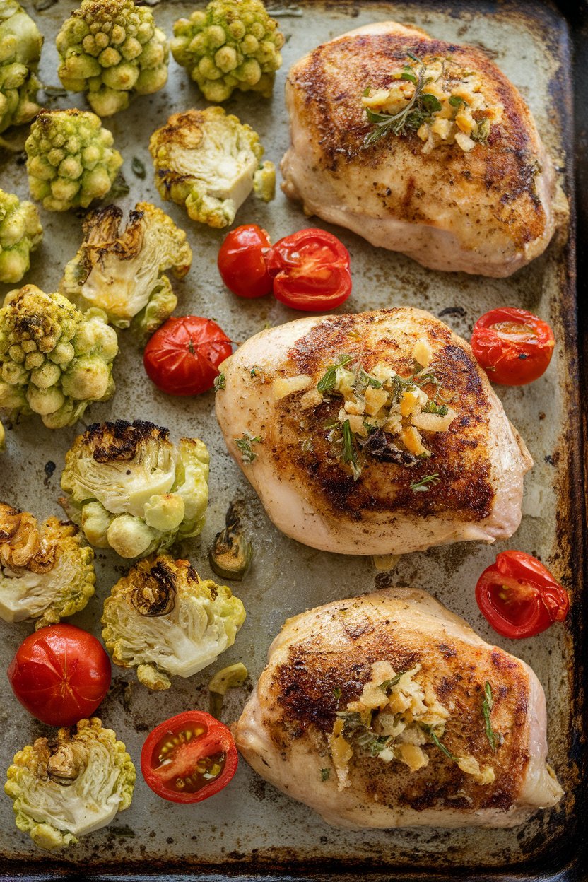 Indoor photo showing roasted romanesco florets and chicken breasts dusted with garlic, Parmesan, and herbs on a sheet pan; no logos