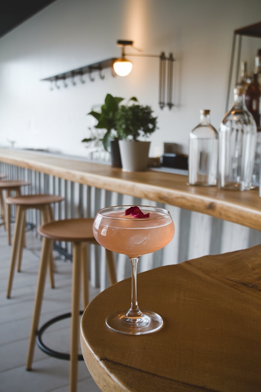 An indoor modern bar setting with a coupe glass of translucent lychee rose drink garnished with an edible rose petal. No logos or text. Photo.