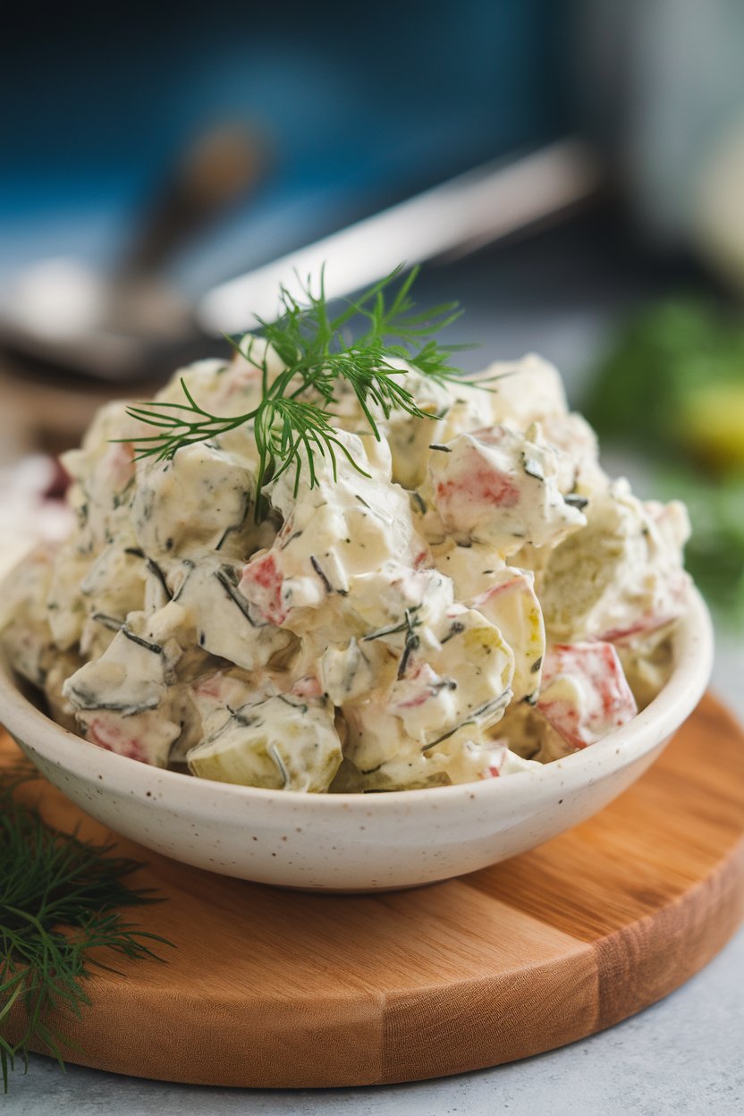 Indoor photo of creamy potato salad with visible pickle chunks and fresh dill, no text or logos