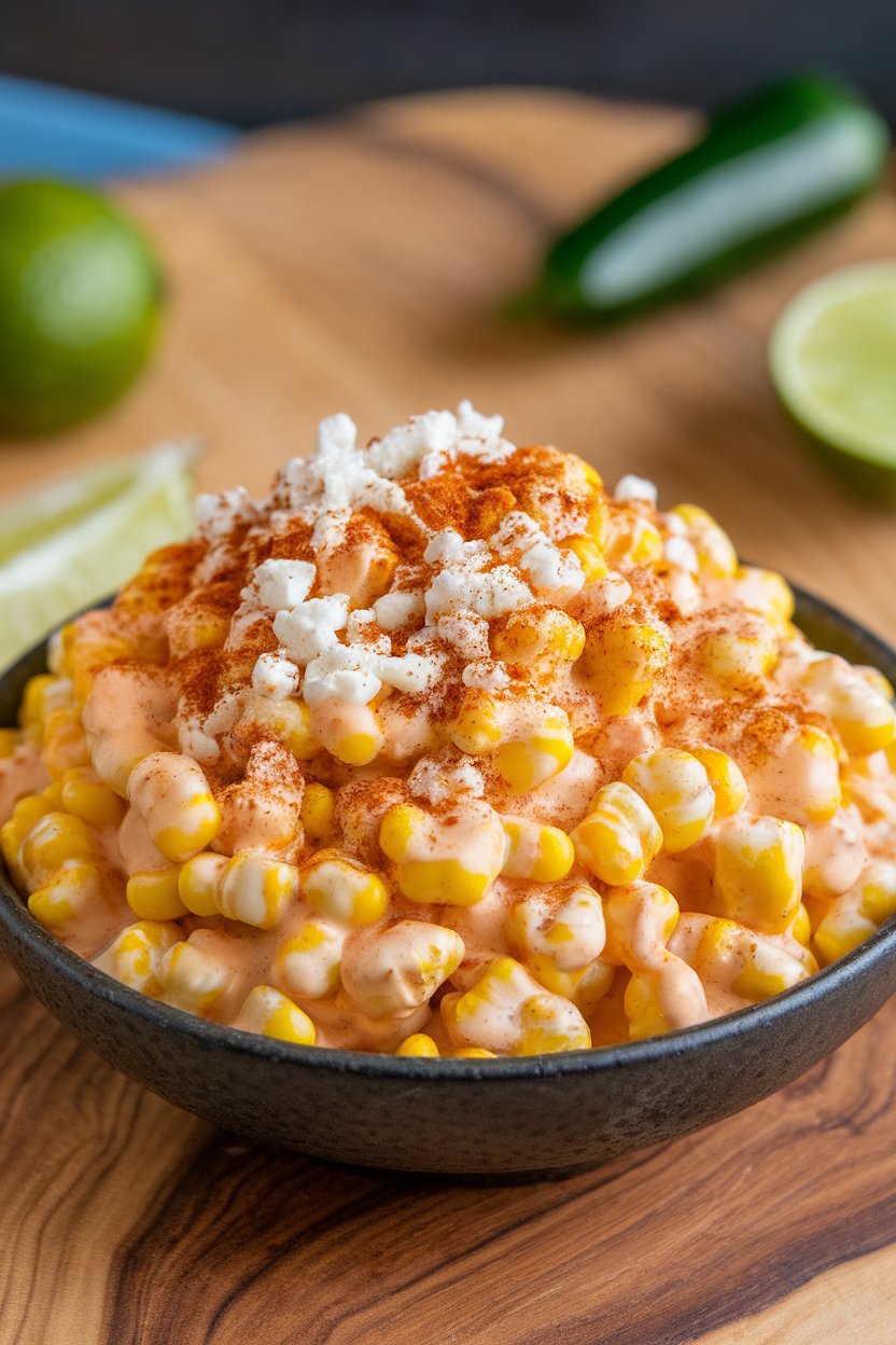 Indoor bowl of Mexican street corn salad featuring charred corn kernels coated in creamy sauce with cotija cheese and chili powder. No text or logos.